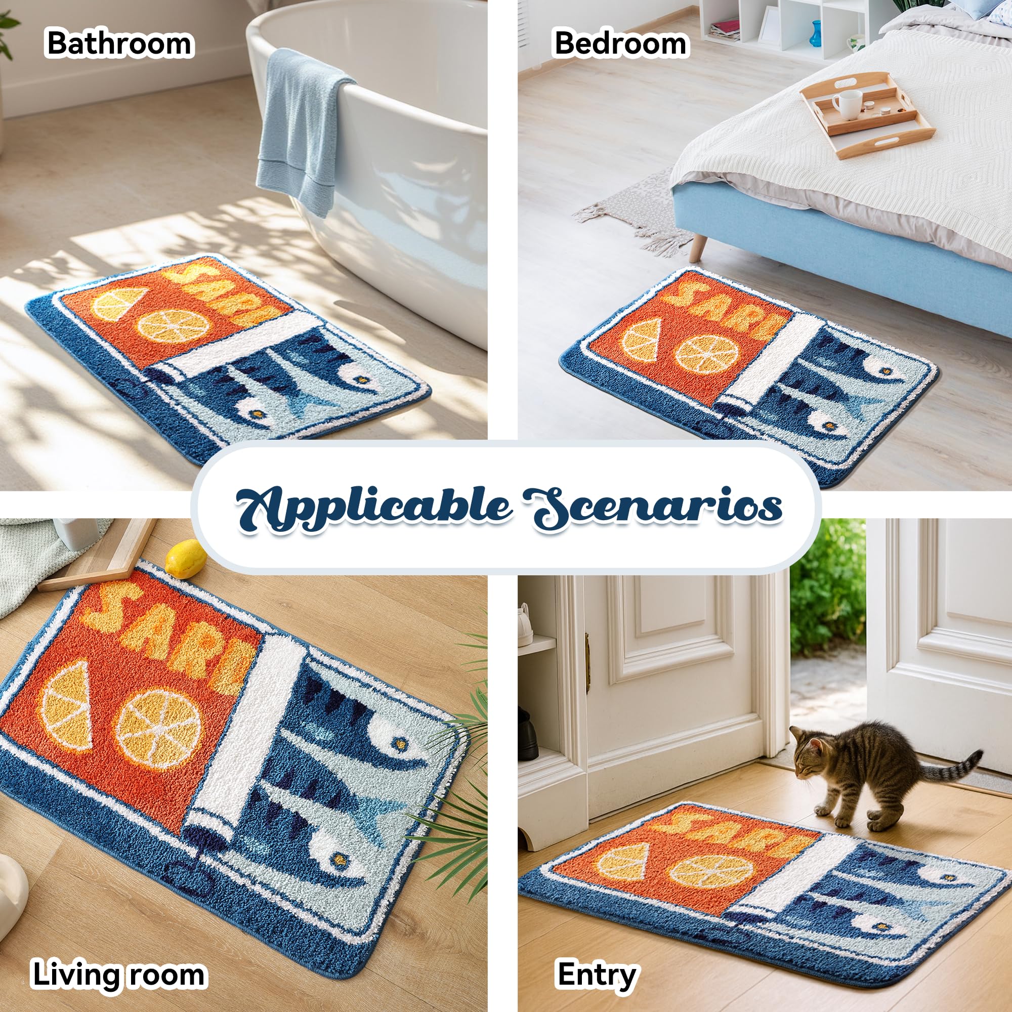 TRUEDAYS Sardine Can Bath Mat, Blue Bathroom Rugs for Bedroom, Soft Washable Rug Non Slip Cute Kitchen Bath Mats for Bathroom Funny Cartoon Fish and Lemon