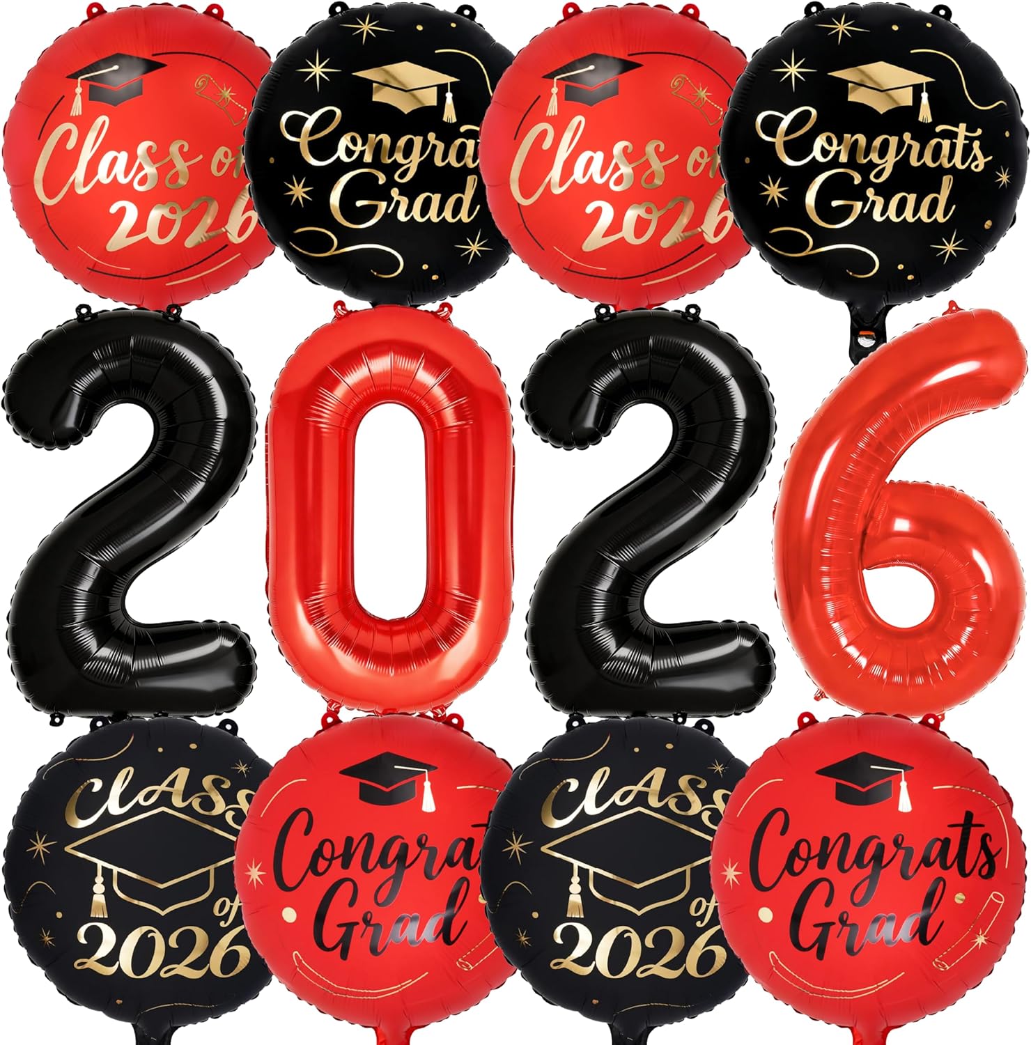 PartyWoo Graduation Balloons - Class of 2026 Black, Red & Gold Foil Number Balloons | 12pcs, 40 Inch & 18 Inch Mylar Decor