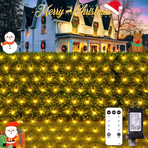 JMEXSUSS 360 LED Christmas Net Lights - Waterproof Connectable 12ft x 5ft Warm White Mesh Lights for Outdoor Bushes