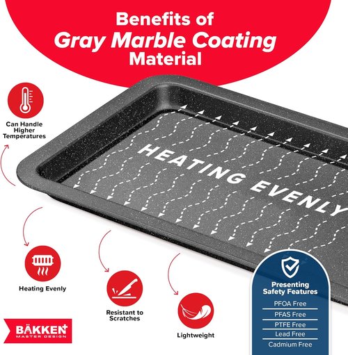 BAKKEN 3-Piece Nonstick Baking Pans Set - Stackable Cookie Trays, Oven Safe Up To 450°F, Gray Marble