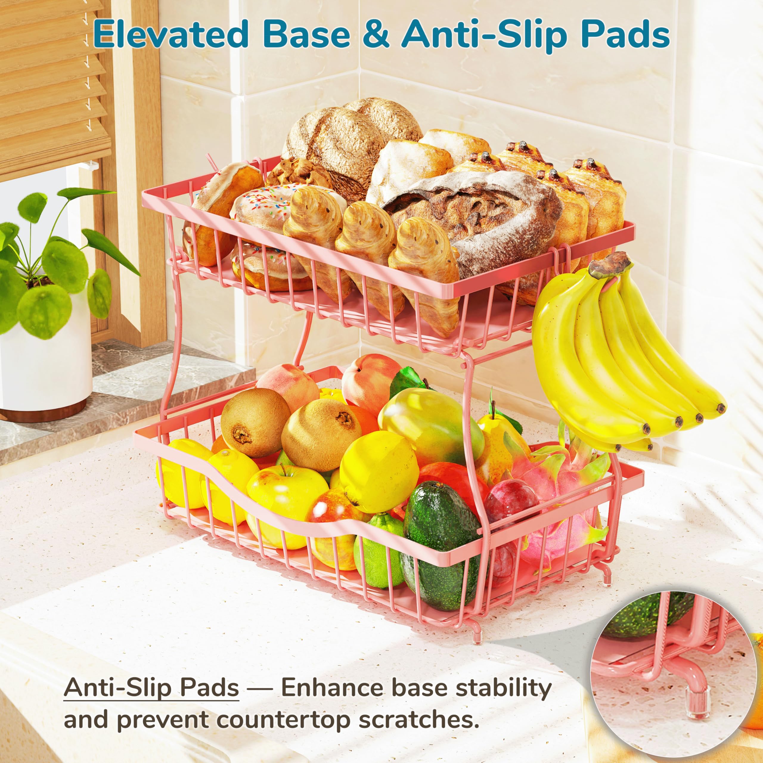 Zurklulu Pink 2 Tier Large Fruit Basket for Kitchen Counter with 2 Banana Hangers, Metal Fruit Bowl for Onion Vegetable Bread Snack, Countertop Organizer – 14.5" W x 9.5" D