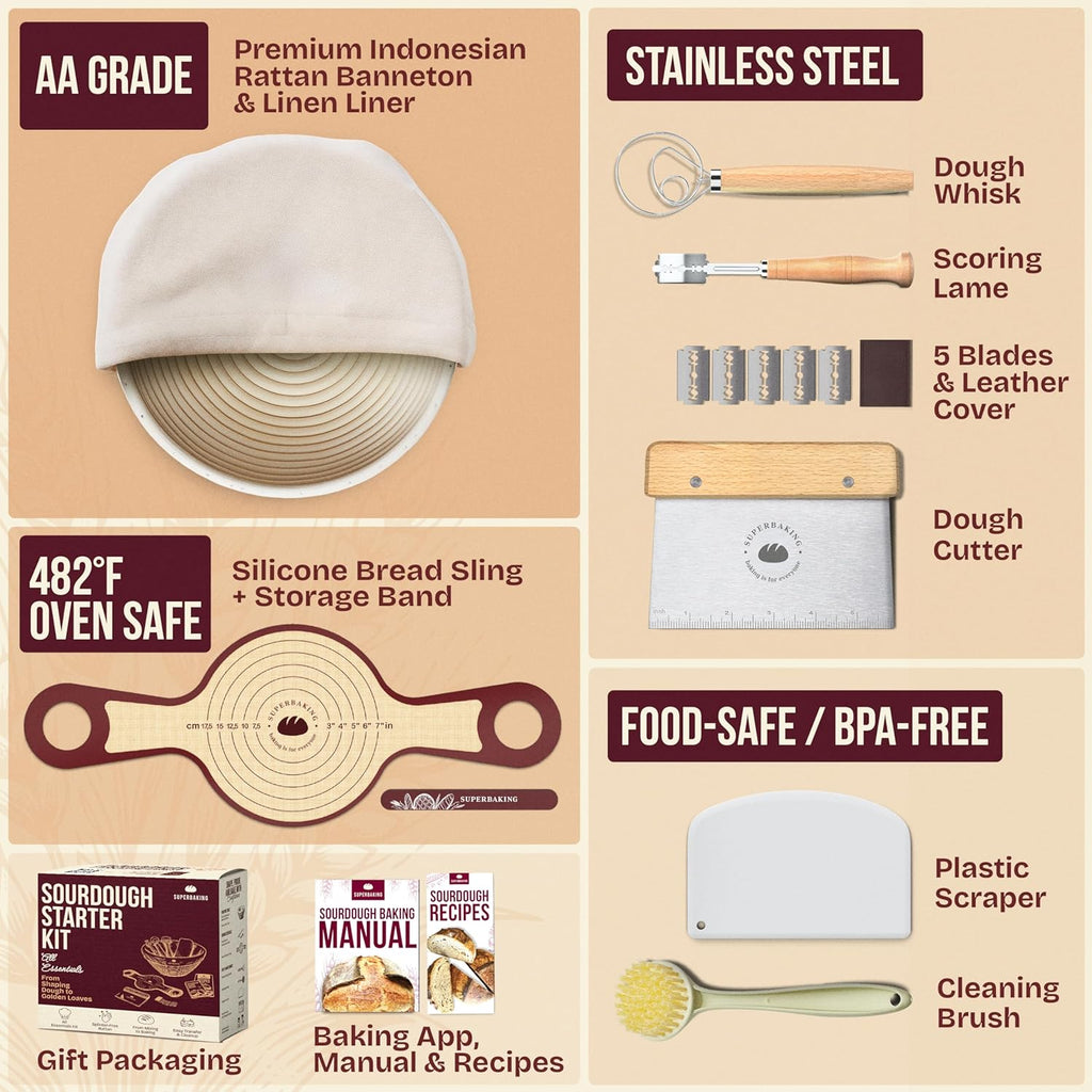 Superbaking Sourdough Starter Kit - 9" Round Banneton Bread Proofing Basket Set with Silicone Sling