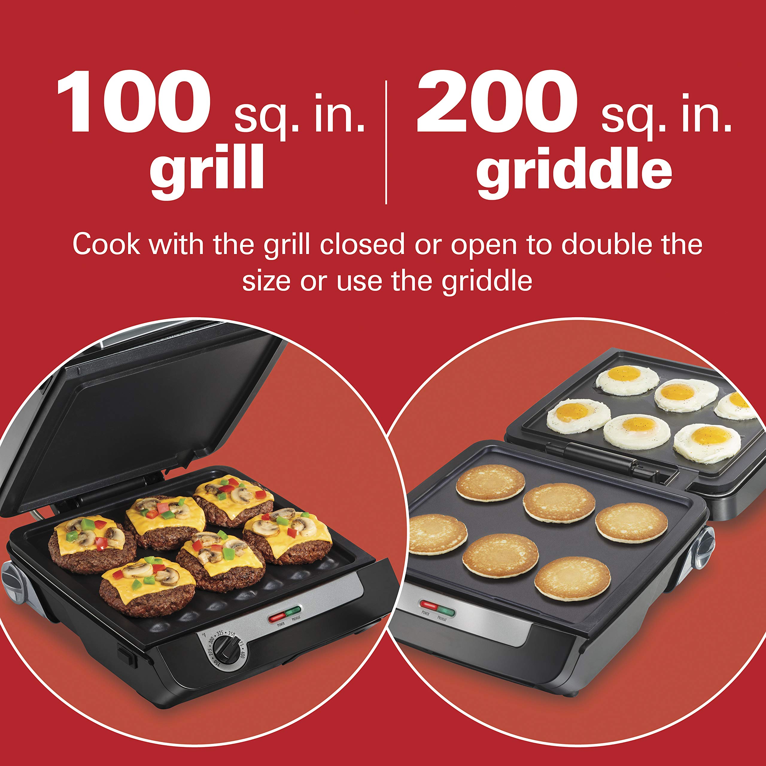 Hamilton Beach 4-in-1 Indoor Grill & Electric Griddle Combo with Bacon Cooker, Opens Flat to Double Cooking Surface, Removable Nonstick Plates, Black & Silver (25601)