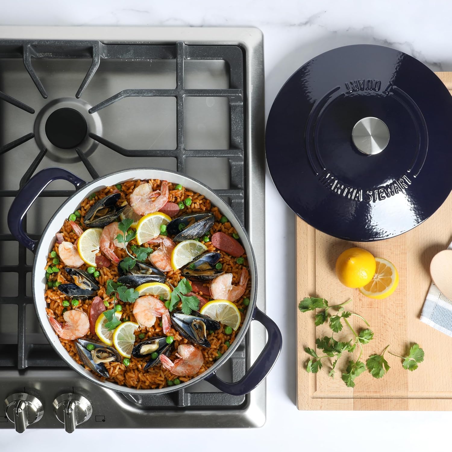 Martha Stewart Gatwick 7 QT Enamel Cast Iron Dutch Oven - Navy Blue, Durable for Slow Cooking & Baking
