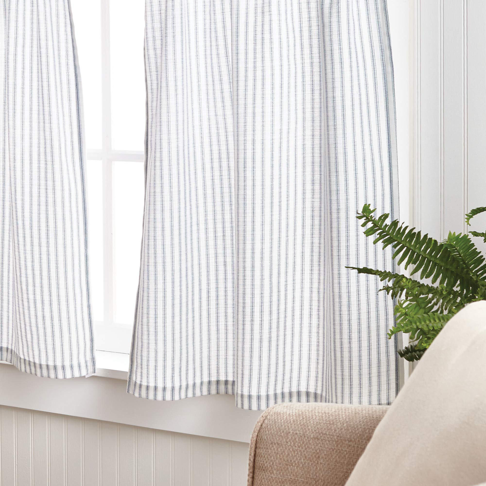 Martha Stewart Ticking Stripe 3-Piece Window Curtain Valance and Tiers Set, White Indigo