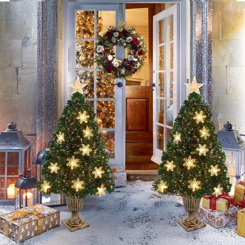 Juegoal Pre-Lit Artificial Christmas Trees - 3 FT Lighted Green Fiber Optic Entrance Trees with Gold Urn Base & 8 Lighting Modes