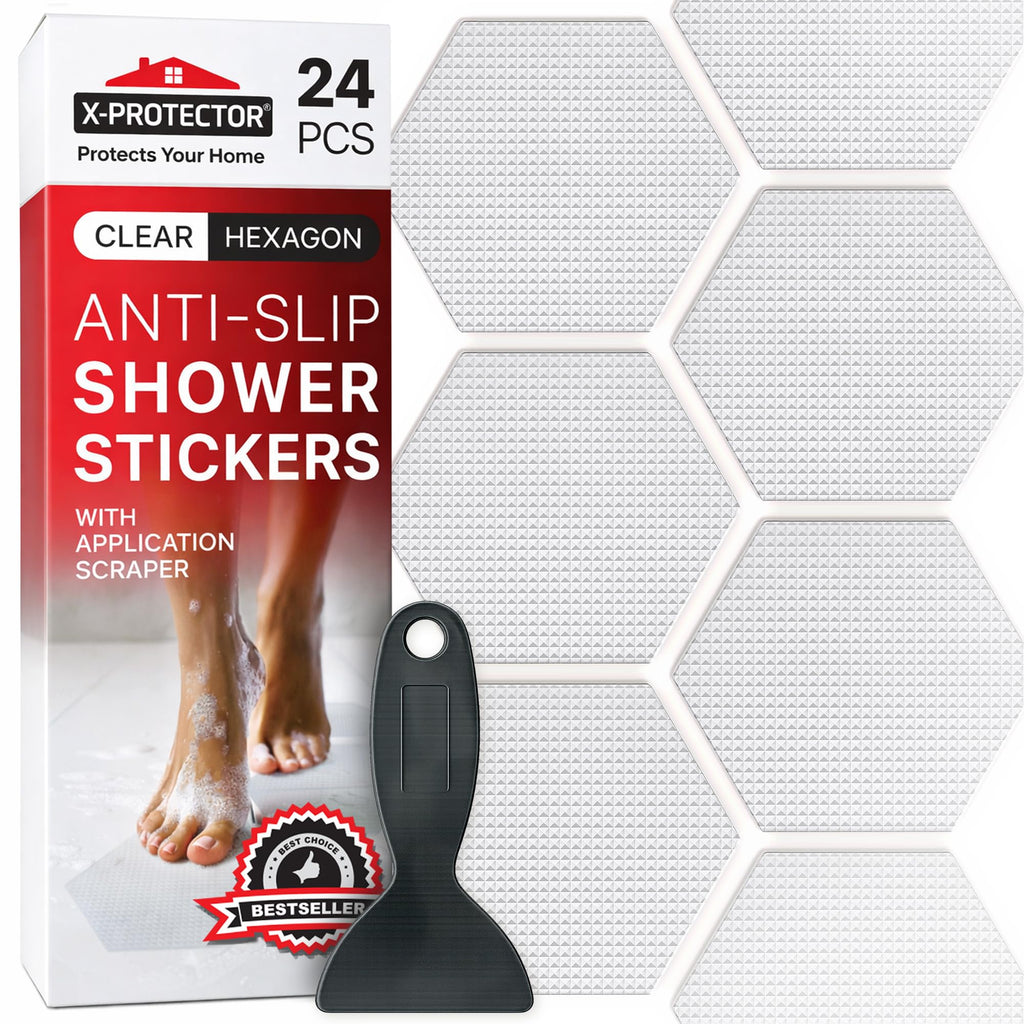 X-Protector Bathtub Non Slip Stickers - 24 PCS Pack 3.15" - Clear Anti Slip Shower Stickers - Premium Shower Adhesive Strips - Self Adhesive Bathtub Non Slip Decals - Prevent Unexpected Slipping!