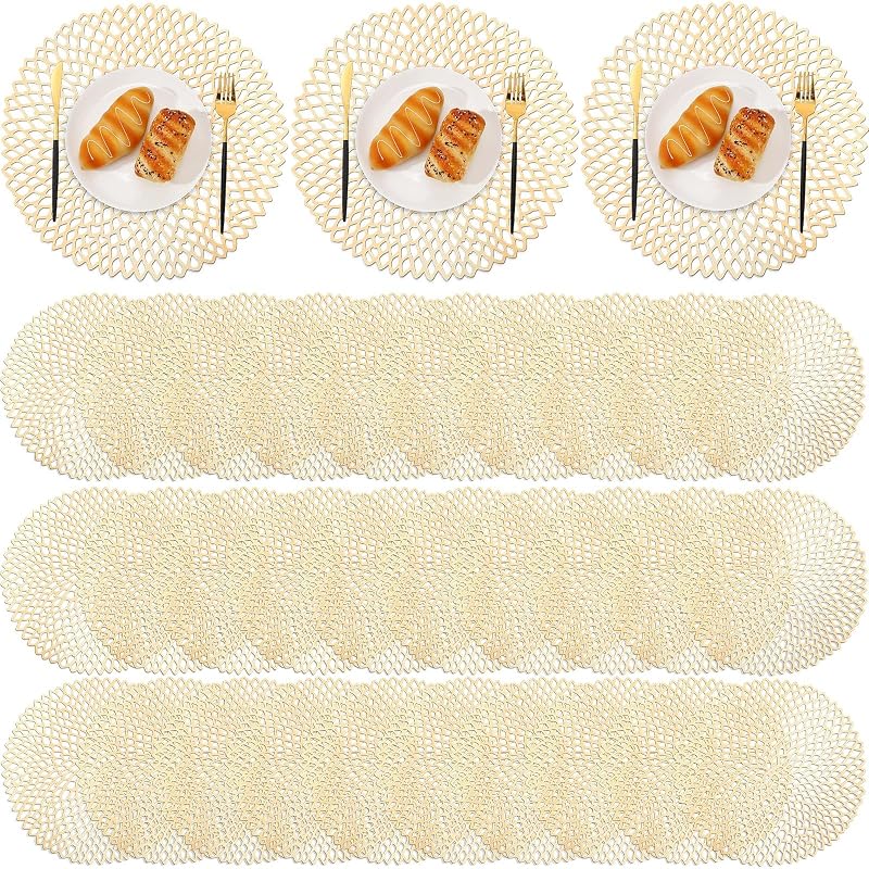 Gold Round Placemats 15 Inch Set of 48 - Non-Slip Vinyl Chargers for Christmas Dinner