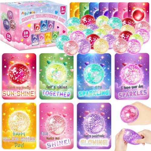 Valentine Gifts for Kids, 28 Pack Valentines Day Cards with Glitter Stress Balls, Squeeze Fidget Toys Bulk for Classroom School Valentine's Gifts Exchange, Valentine Party Favors for Boys Girls