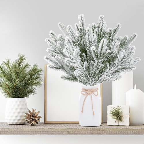 Sggvecsy 30 Pcs Snow Frosted Artificial Pine Branches Christmas Snowy Pine Needles Fake Greenery Pine Spray Picks for DIY Crafts Garland Wreath Xmas Embellishing Home Holiday Decoration