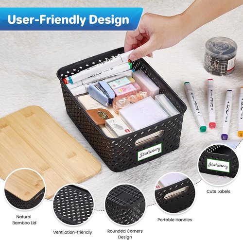 Anysig Plastic Storage Bins - 8 Pack Stackable Baskets with Bamboo Lids for Organizing | Black
