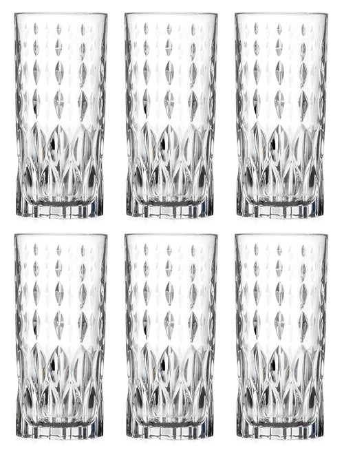 Highball - Glass - Set of 6 - Hiball Glasses - Crystal like Glass - Beautiful Designed - Drinking Tumblers - for Water, Juice, Wine, Beer and Cocktails - 13 oz. - by Barski - Made in Europe