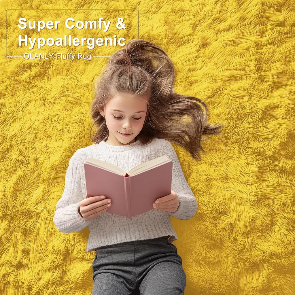 OLANLY Large 5x8 Machine Washable Area Rug - Soft Fluffy Shaggy Carpet for Living Room & Bedroom | Yellow