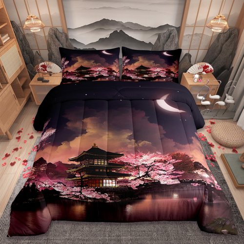 Homewish Japanese Style Comforter Set Queen Size Moon Cherry Blossom Bedding 3pcs Romantic Night Sky Scenery Quilt,Room Decor Exotic Pink Duvet Insert,2 Pillowcases ZZRS896ZMD-BZ_USq