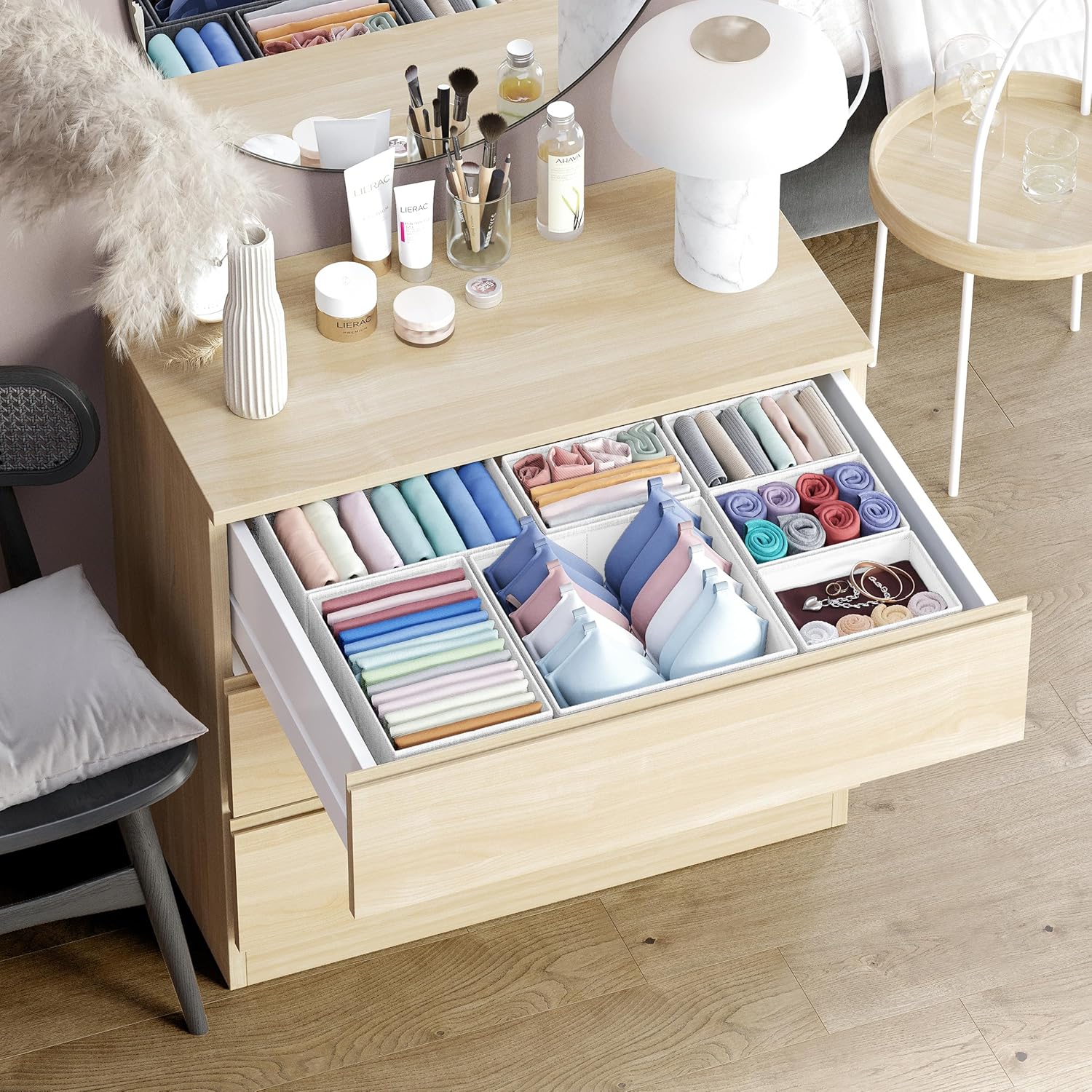 Skiennix Drawer Organizer Set of 12 - Stylish White-Grey Dresser Storage for Nursery & Bedroom
