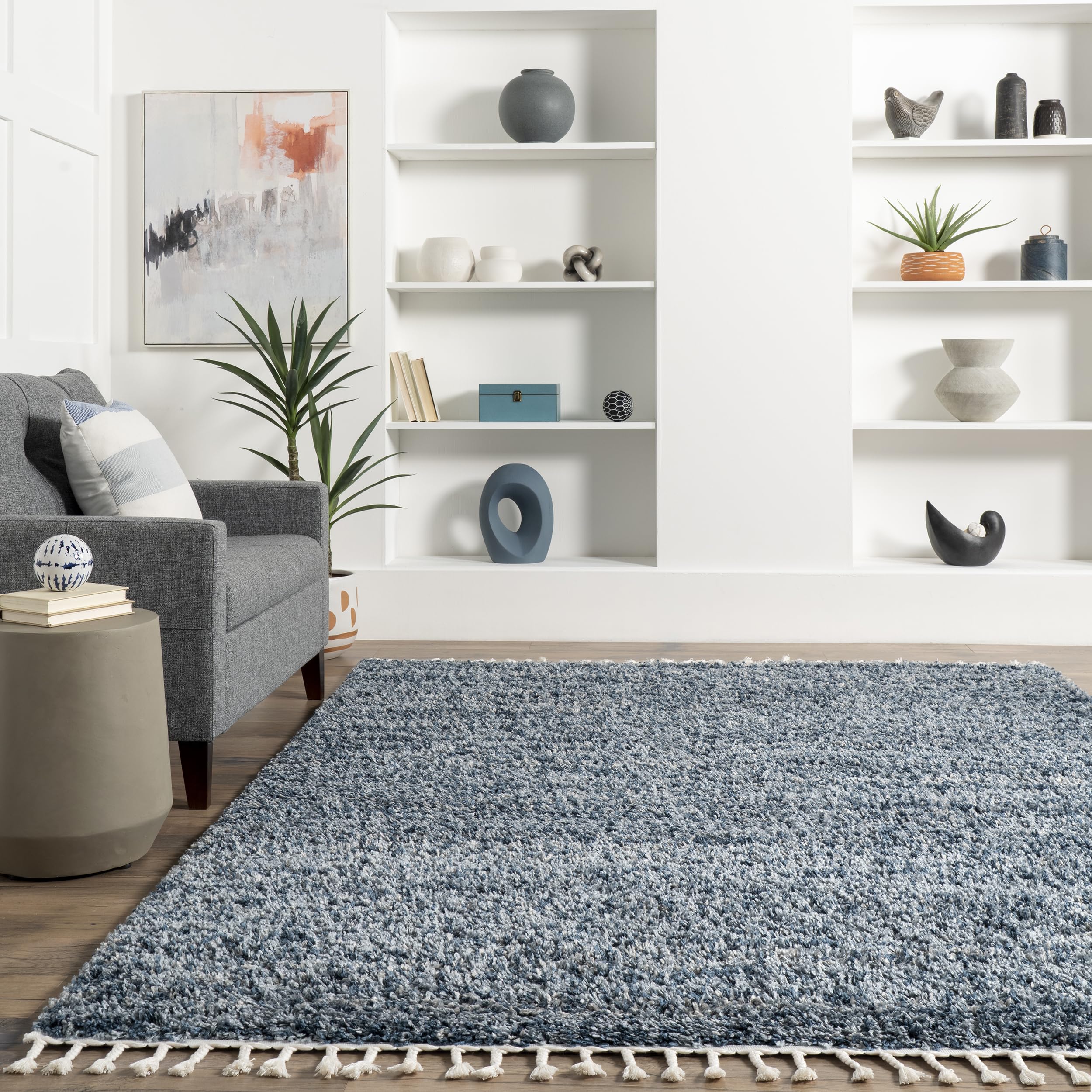 nuLOOM Brooke Shag Tasseled Area Rug - 2x8 Runner Shag Rug Casual Blue/Ivory Rugs for Living Room Bedroom Dining Room Nursery Entryway Hallway