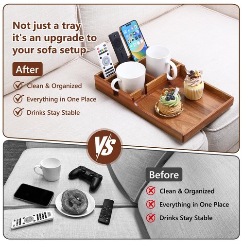 Acanacle Couch Insert Tray for Middle Seat, Acacia Wood Couch Table with 2 Cup Holders, Fits Armless Sofa & Sectionals, Fold-Flat Tray for Drinks, Snacks & Remotes