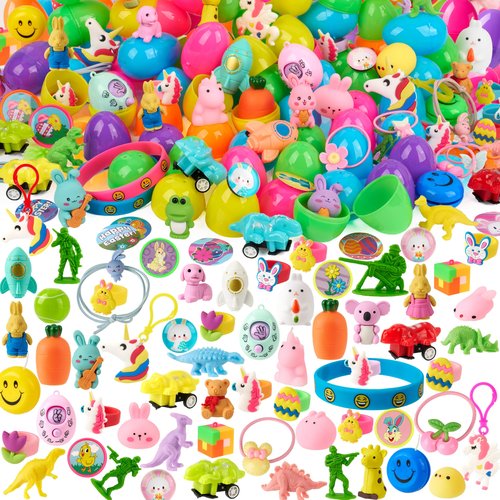 JOYIN 200 Pcs Prefilled Easter Eggs with Novelty Toys and Stickers, Filling Treats, Easter Eggs Hunt, Basket Stuffers Fillers, Theme Party Favor, Classroom Prize