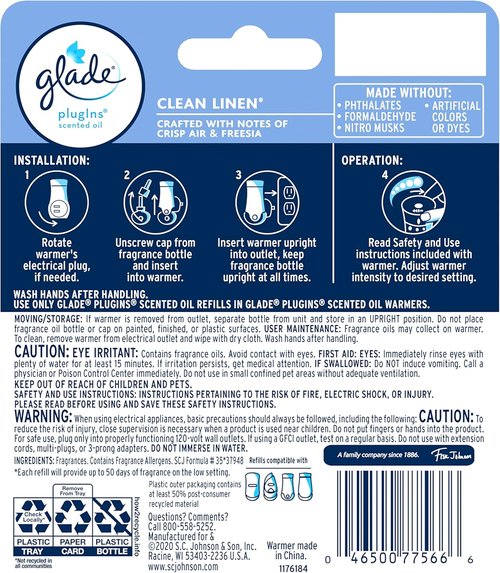 Glade PlugIns Refills Air Freshener Starter Kit - Clean Linen Scent | 1 Warmer + 2 Refills, 1.34 Fl Oz