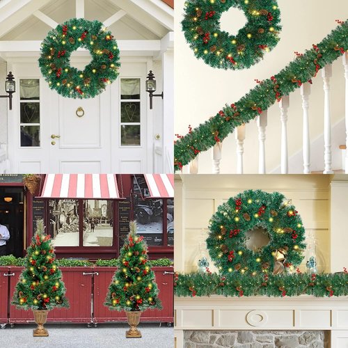 Juegoal Christmas Decorations - 4-Piece Pre-Lit Artificial Entrance Trees Set with Wreath & Garlands | 8 Lighting Modes & Timer for Home Entryway Decor