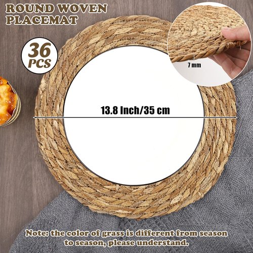 Kochorie Set of 36 Round Woven Placemats 13.8 Inch Bulrush Placemats Natural Handwoven Boho Rattan Wicker Table Mats for Farmhouse & Home Dining