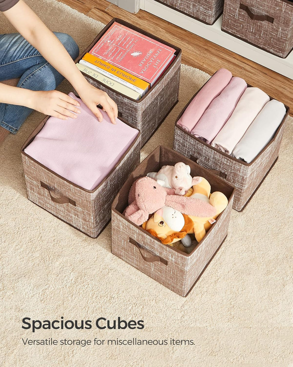 SONGMICS Storage Cubes - 11-Inch Foldable Non-Woven Fabric Bins with Double Handles | Set of 6 in Walnut Color
