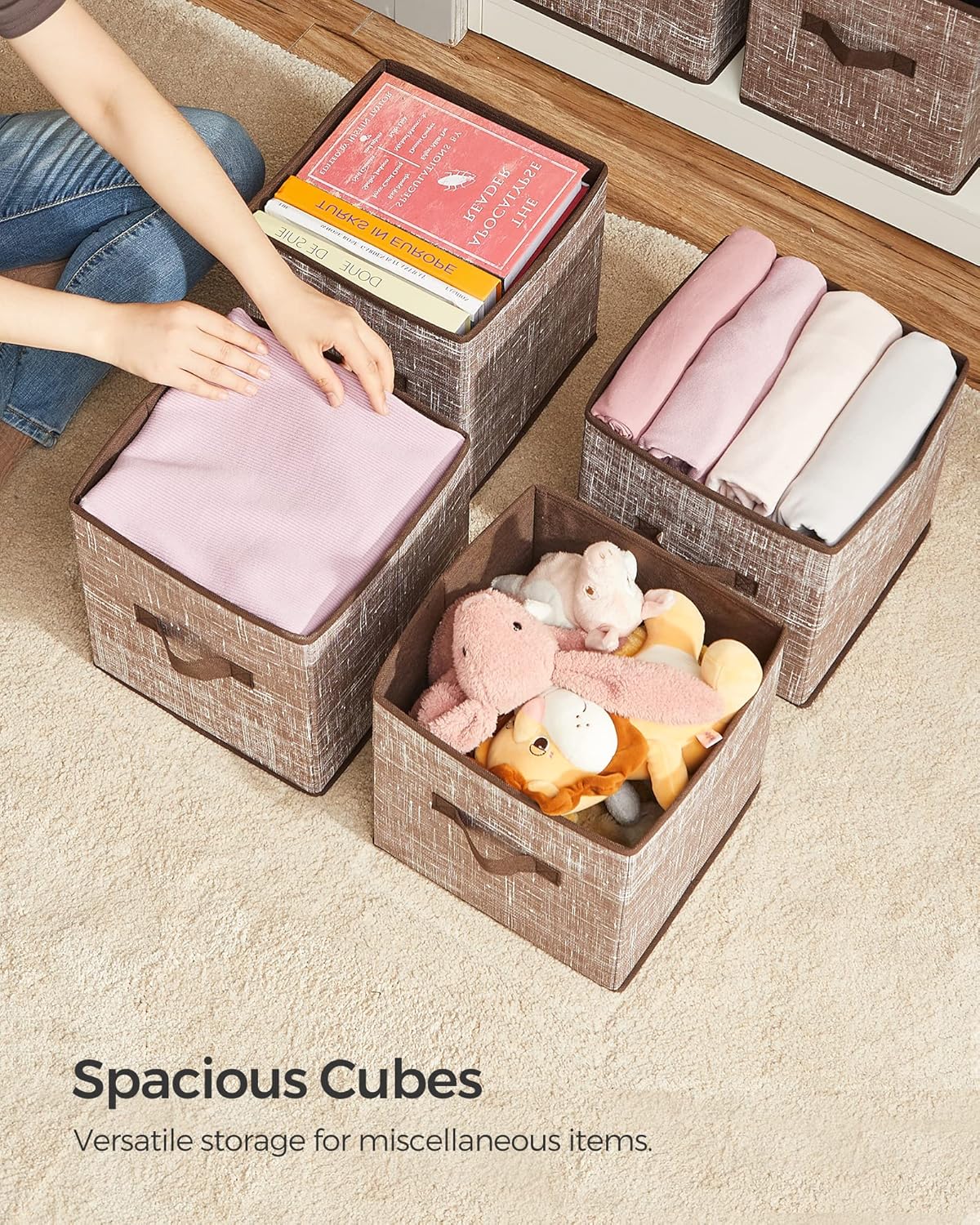 SONGMICS Storage Cubes - 11-Inch Foldable Non-Woven Fabric Bins with Double Handles | Set of 6 in Walnut Color
