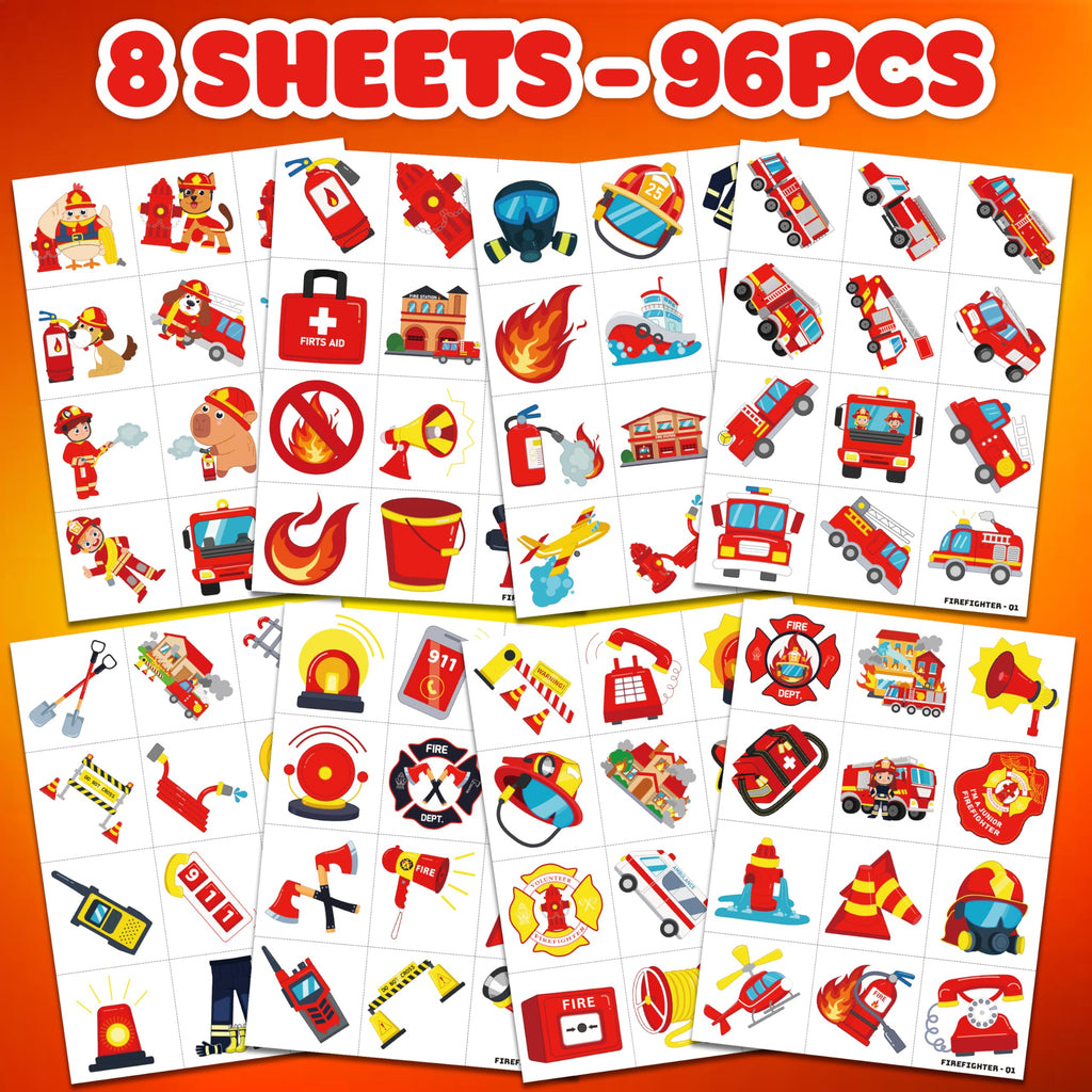 96 PCS Firefighter Firetruck Pre-Cut Temporary Tattoos for Kids | Super Cute Themed Birthday Party Favors,Goodie Bags Fillers, Supplies, Decorations, Fake Tattoo Stickers (Multiple)