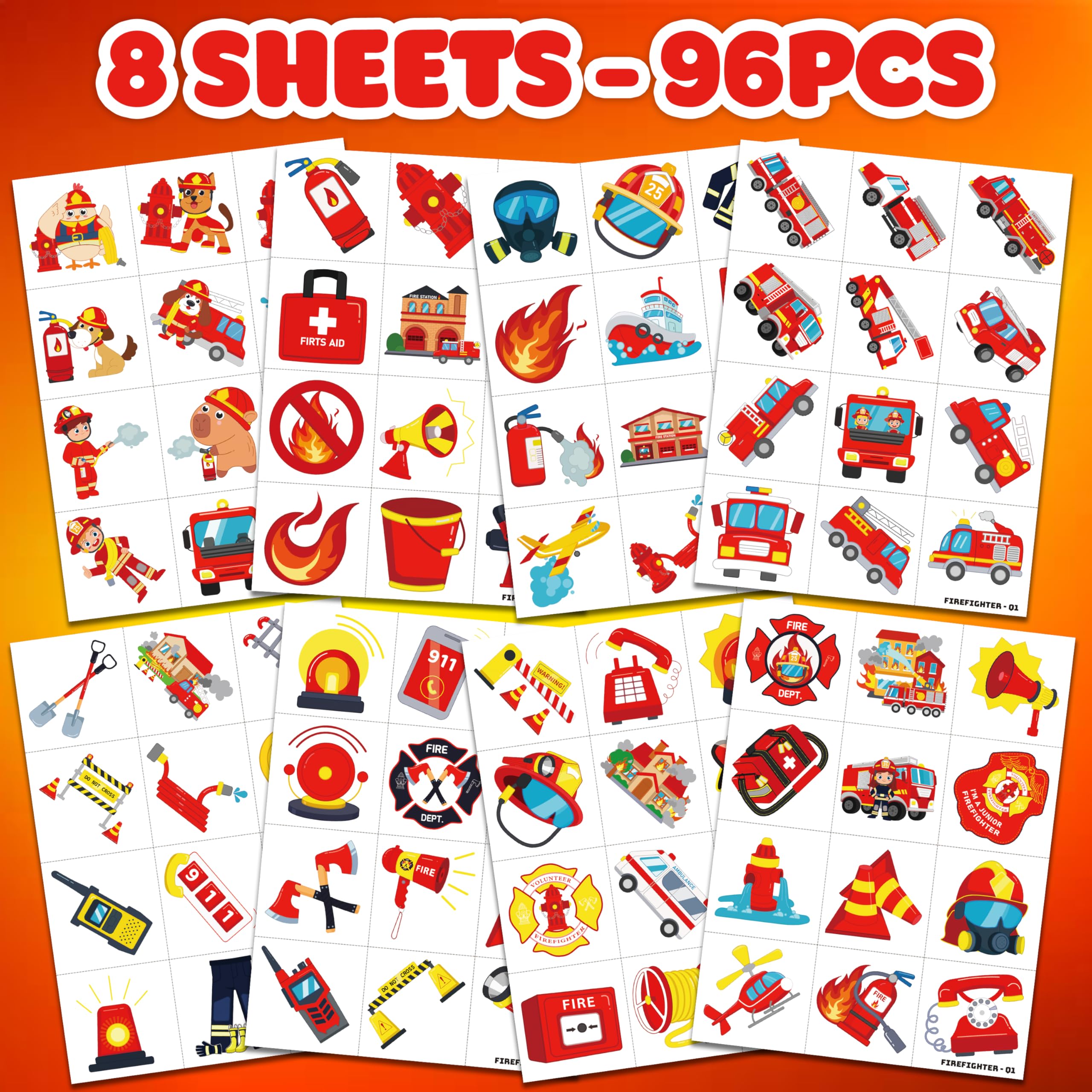 96 PCS Firefighter Firetruck Pre-Cut Temporary Tattoos for Kids | Super Cute Themed Birthday Party Favors,Goodie Bags Fillers, Supplies, Decorations, Fake Tattoo Stickers (Multiple)