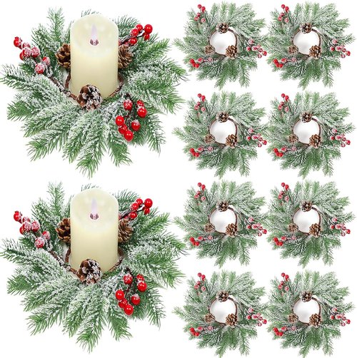 Christmas Candle Rings | Set of 8 Artificial Red Berries & Pinecones - 10 Inch Holiday Centerpieces