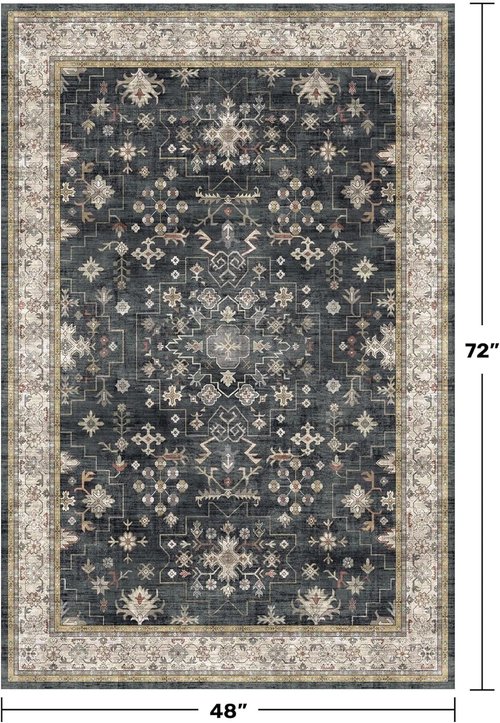 Boho Washable 4x6 Entryway Rug - Non-Slip Geometric Area Rug for Living Room & Office | Ultra Soft Black & Multi