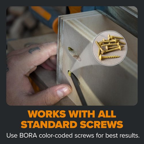 BORA Automatic Pocket Hole Jig Kit - Auto Adjusting Drill Guide with 50 Color-Coated Screws | For 1/2" to 1 1/2" Thick Materials