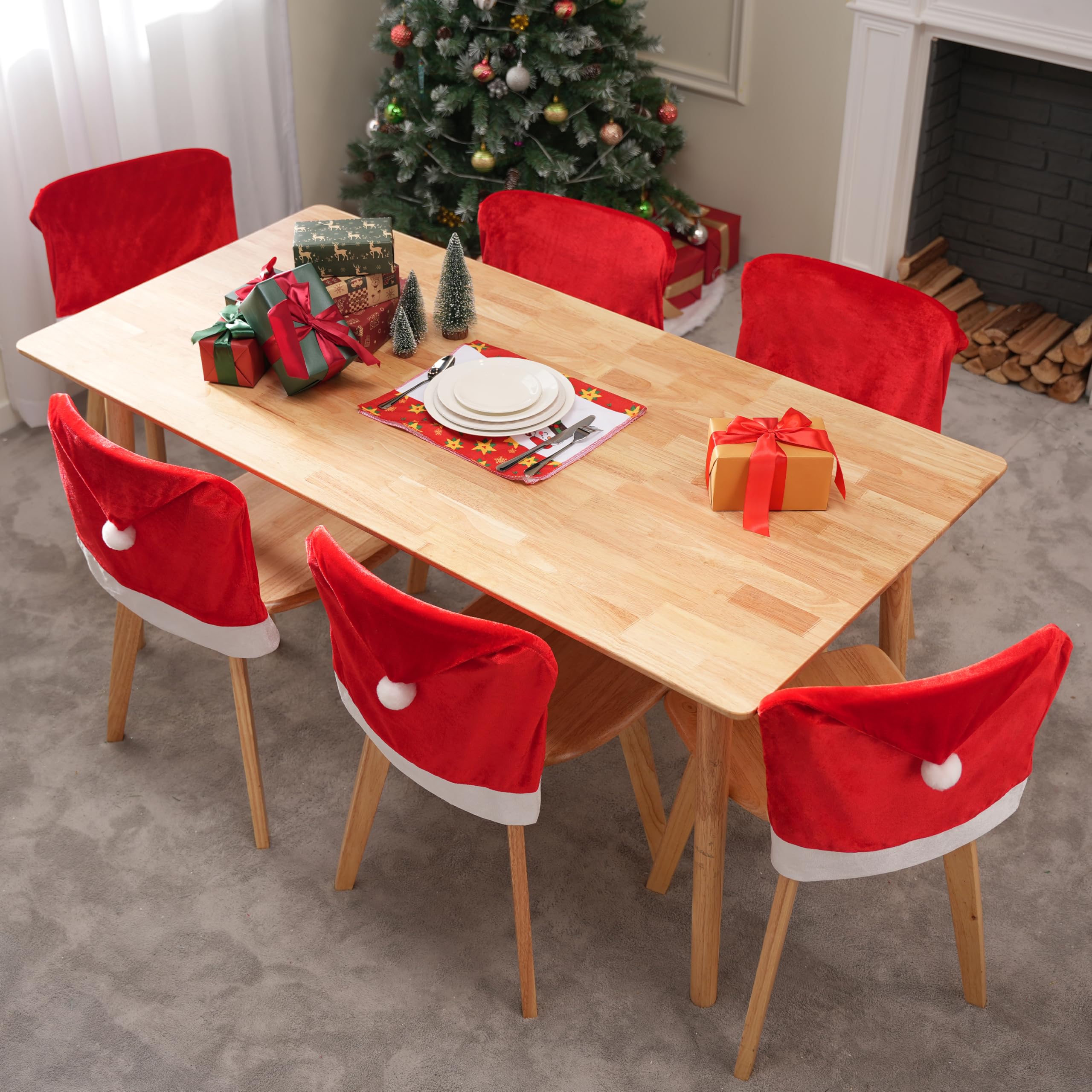 JOYIN 6 Pcs Christmas Chair Covers, Red Hat Chair Slipcovers, Santa Claus Chair Back Covers for Christmas Holiday Festival Decoration, Xmas Decorations Indoor Home Décor