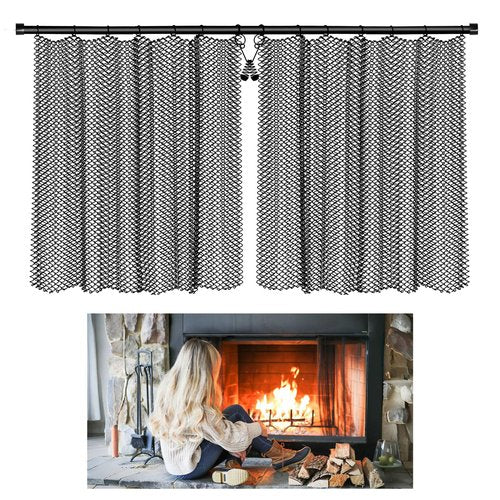 Fireplace Mesh Screen Curtain Kit with Adjustable Fireplace Curtain Rod, Adjustable Fireplace Screen Panels 22" H × 27.5" W Black Matte
