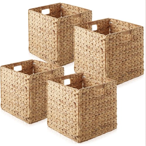 Casafield Water Hyacinth Storage Baskets - Set of 4 Collapsible 12" x 12" Woven Organizers for Home