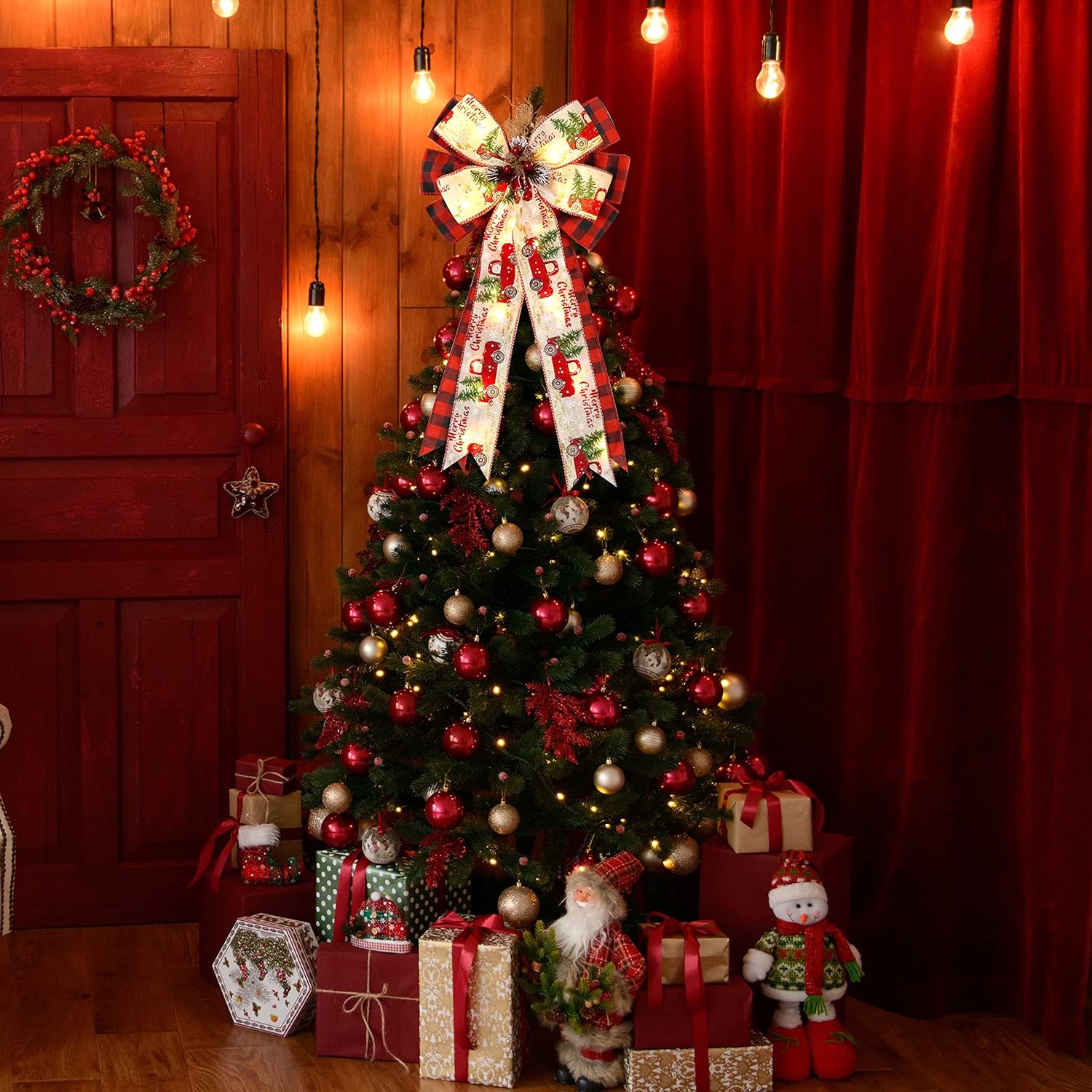 Regine Switzerland Christmas Tree Topper Bow - 30 LED Lights, 13”x25” Rustic Red Black Buffalo Plaid Decor