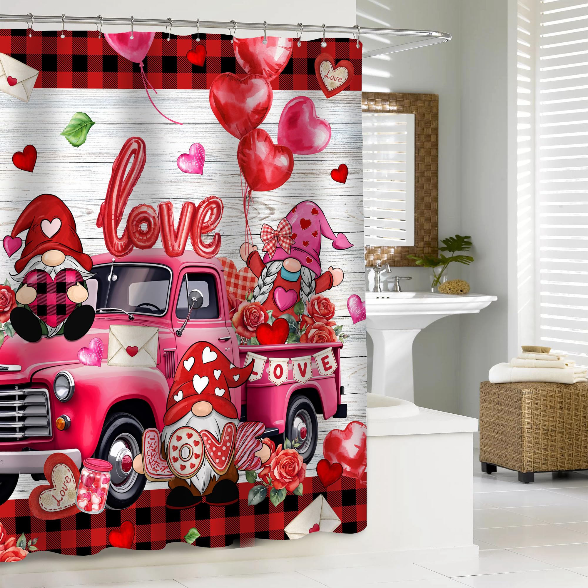 Unibyby Valentines Day Shower Curtain, Valentine Curtain for Bathroom, Red Valentine's Truck and Gnomes with Buffalo Plaid Waterproof Bath Curtains with Hooks for Decorations Gifts, 71x71 Inches
