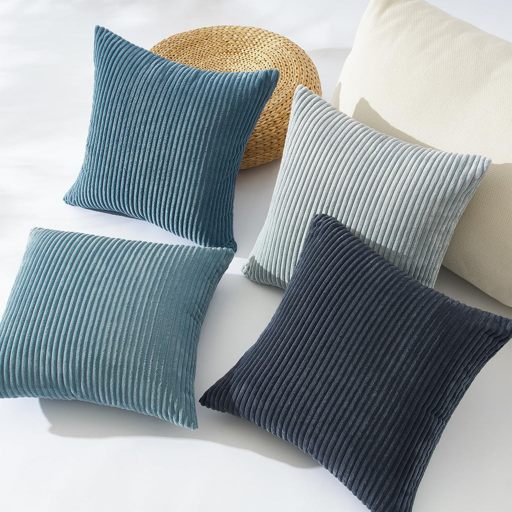 Topfinel BlueGray Throw Pillow Covers 18x18 Inch Set of 4,Soft Accent Corduroy Decorative Cushion Cover,Square Modern Pillow Case for Beach,Patio,Balcony,Living Room,Summer Gradient Shams Home Decor