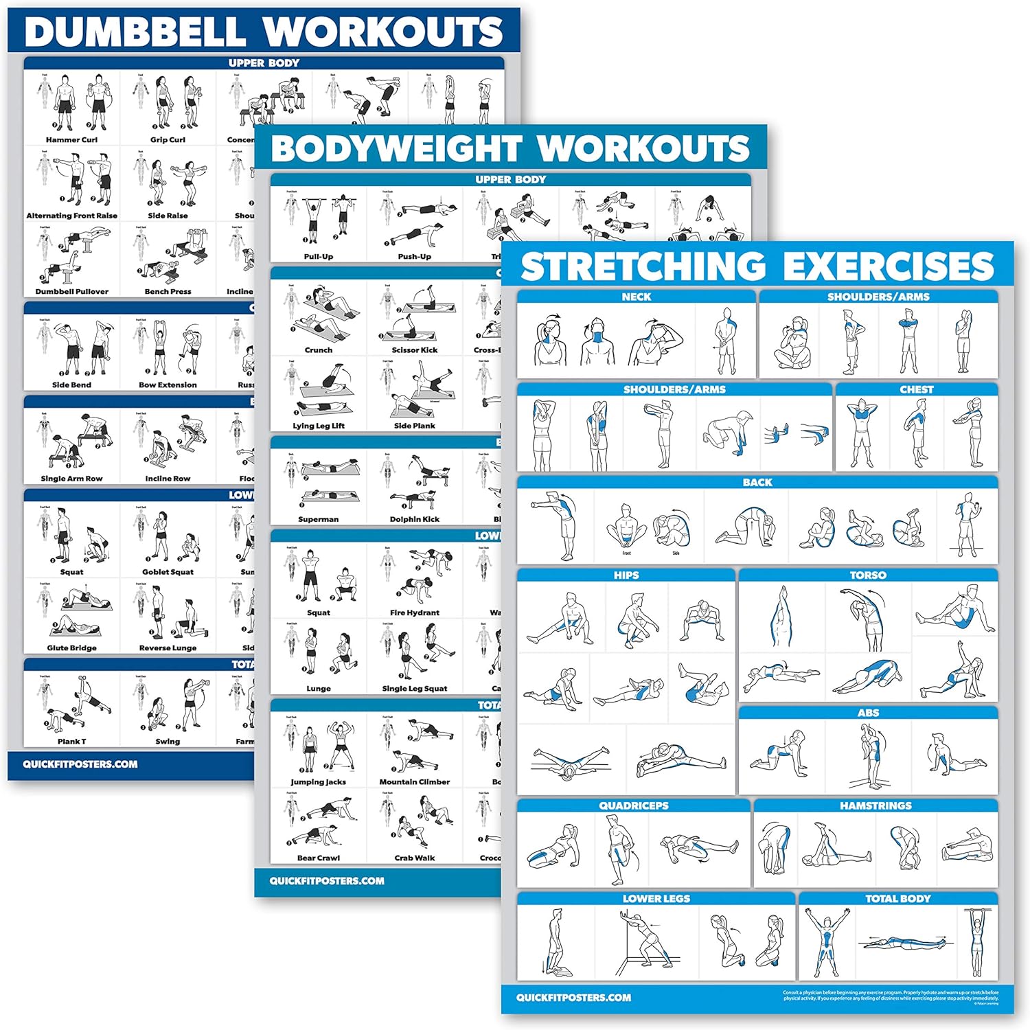 Palace Learning QuickFit Workout Chart Set - 3 Laminated Posters for Dumbbell, Bodyweight & Stretching Routines (18" x 24")