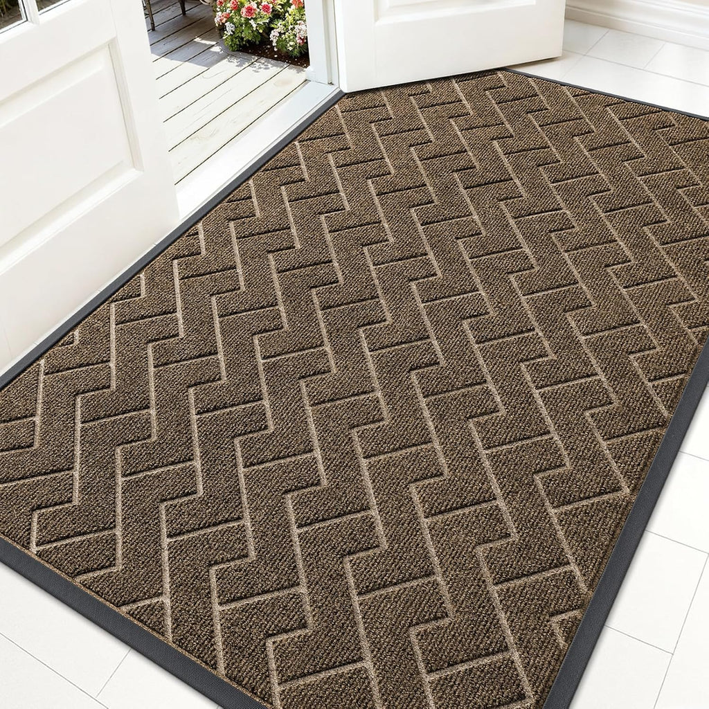 OLANLY Waterproof Front Door Mat - All-Season Indoor/Outdoor Doormat | Sturdy Natural Rubber, Herringbone Brick (Brown, 59x35)