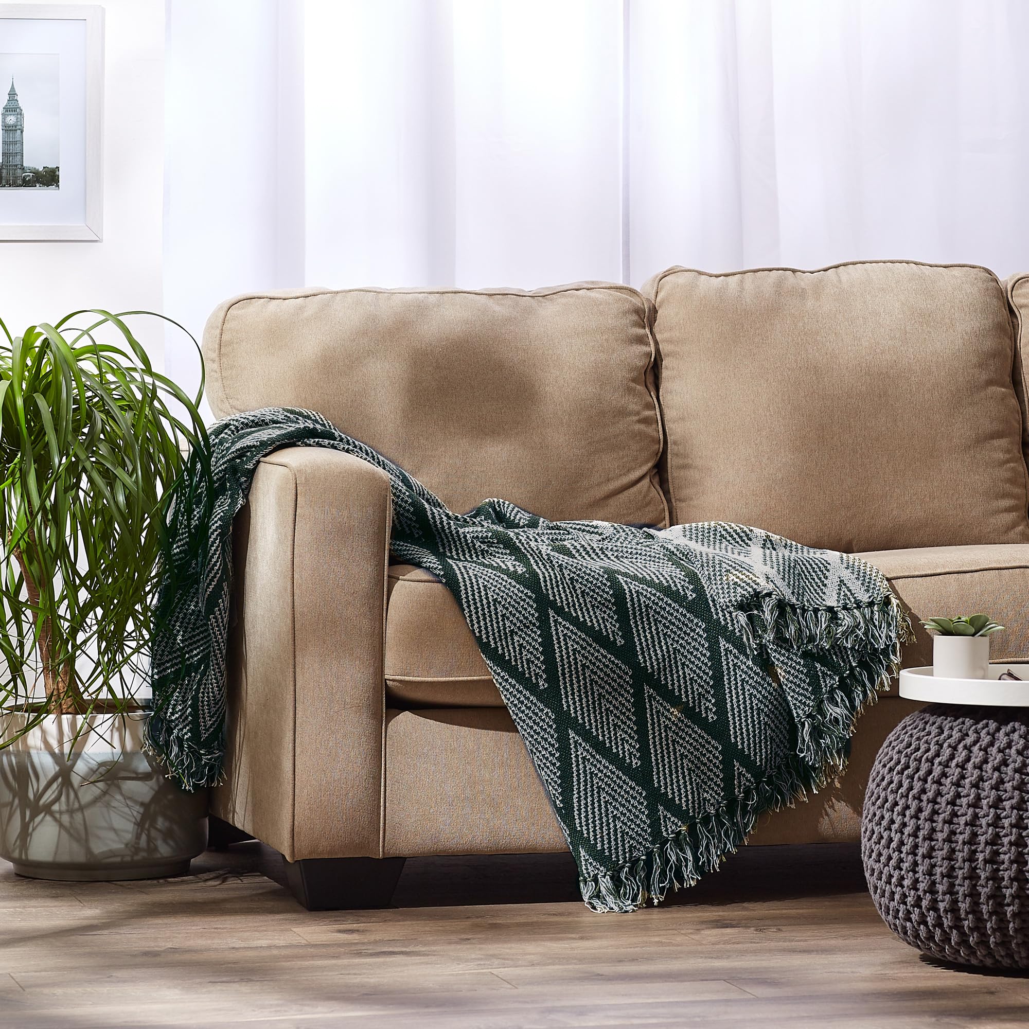 DII Diamond Throw Collection Fringed Woven Cotton Blanket, 50x60, Olive Green