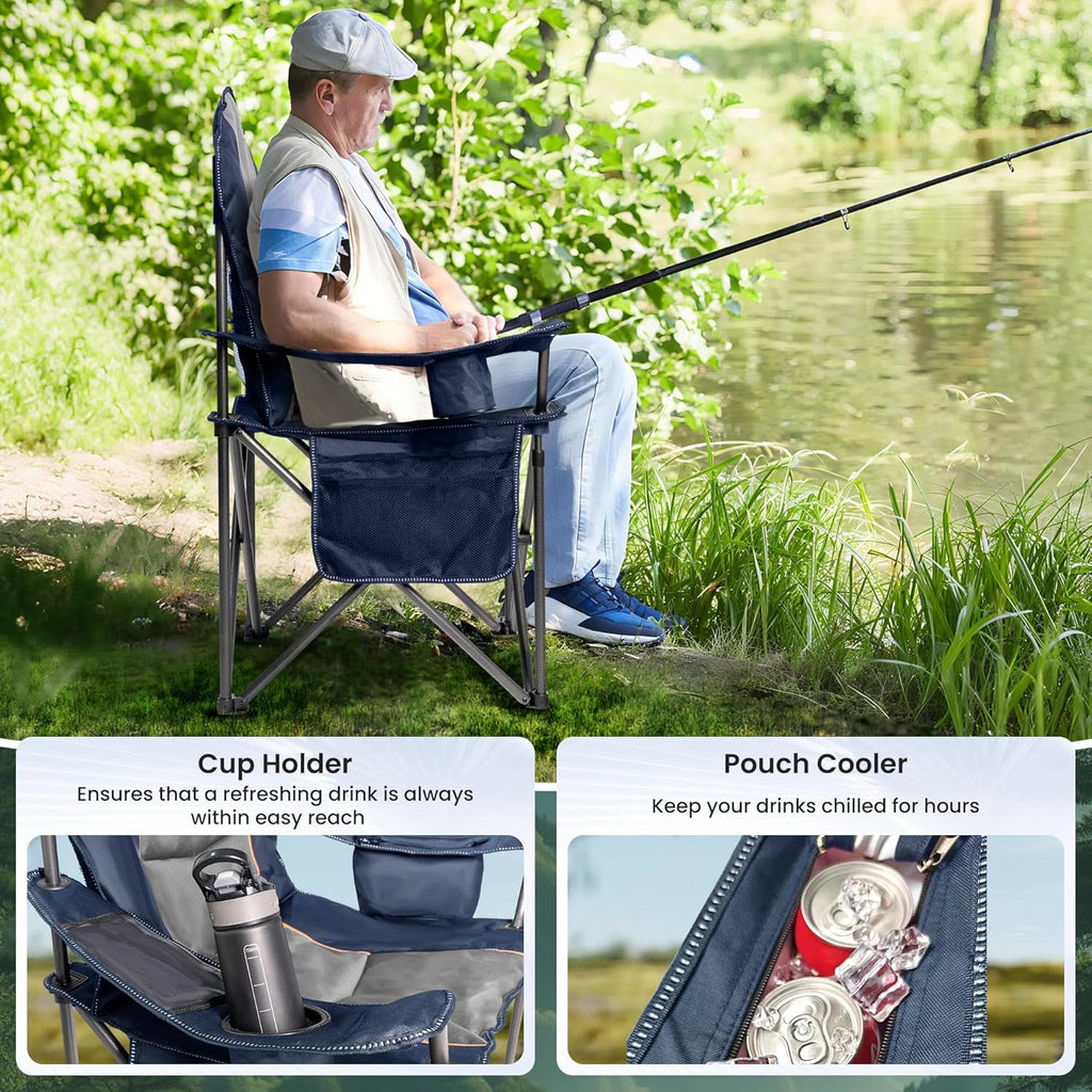 Skiennix Oversized Camping Chair - Heavy Duty Portable Folding Chair with Cup Holder & Waterproof Phone Case - Blue & Gray, XL