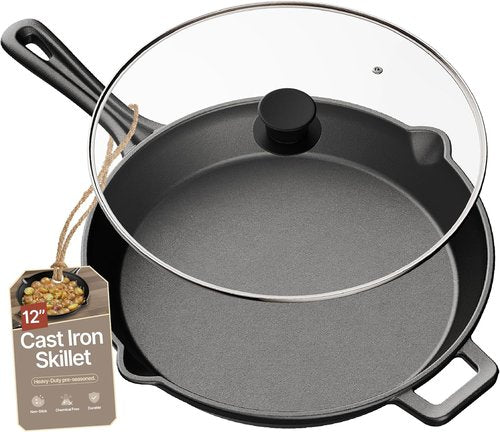 Bakken Pre-Seasoned Cast Iron Skillet - 12" Frying Pan with Glass Lid & Silicone Handle | Versatile Cookware for Even Heat Distribution