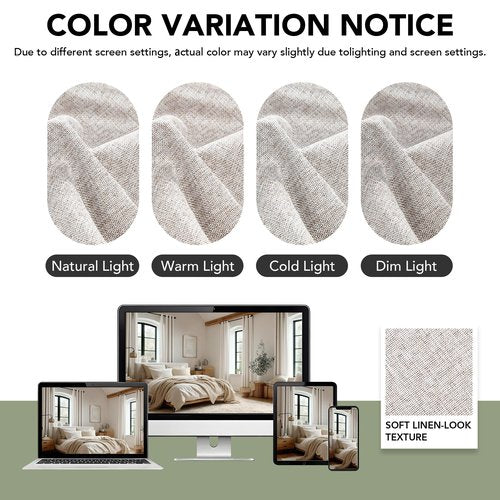 Deconovo 100% Blackout Curtains Faux Linen Look with Coffee Bottom Backing, TPU Invisible Loop Tabs Hidden Hook Design, Thermal Insulated Room Darkening Window Panels, Linen, 52W x 84L, 2 Panels