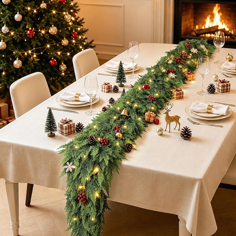 Christmas Cedar Garland 6ft Real Touch Upgrade Large Branches - Lush Faux Pine for Mantle & Holiday Decor (Variation: Christmas Green+1+6ft)