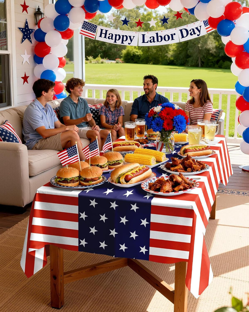 Pureegg Disposable Plastic Tablecloth - 4th of July American Flag Design | 54 x 108 Inch, 10 Pack for BBQs & Picnics