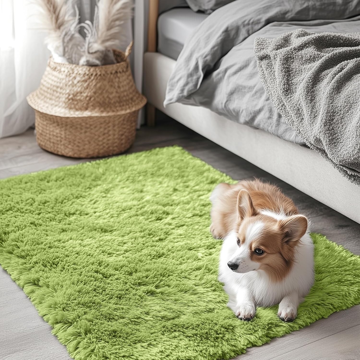 OLANLY Soft Fluffy Shaggy Bedside Rug - Machine Washable 2x3 for Bedroom & Nursery | Grass Green