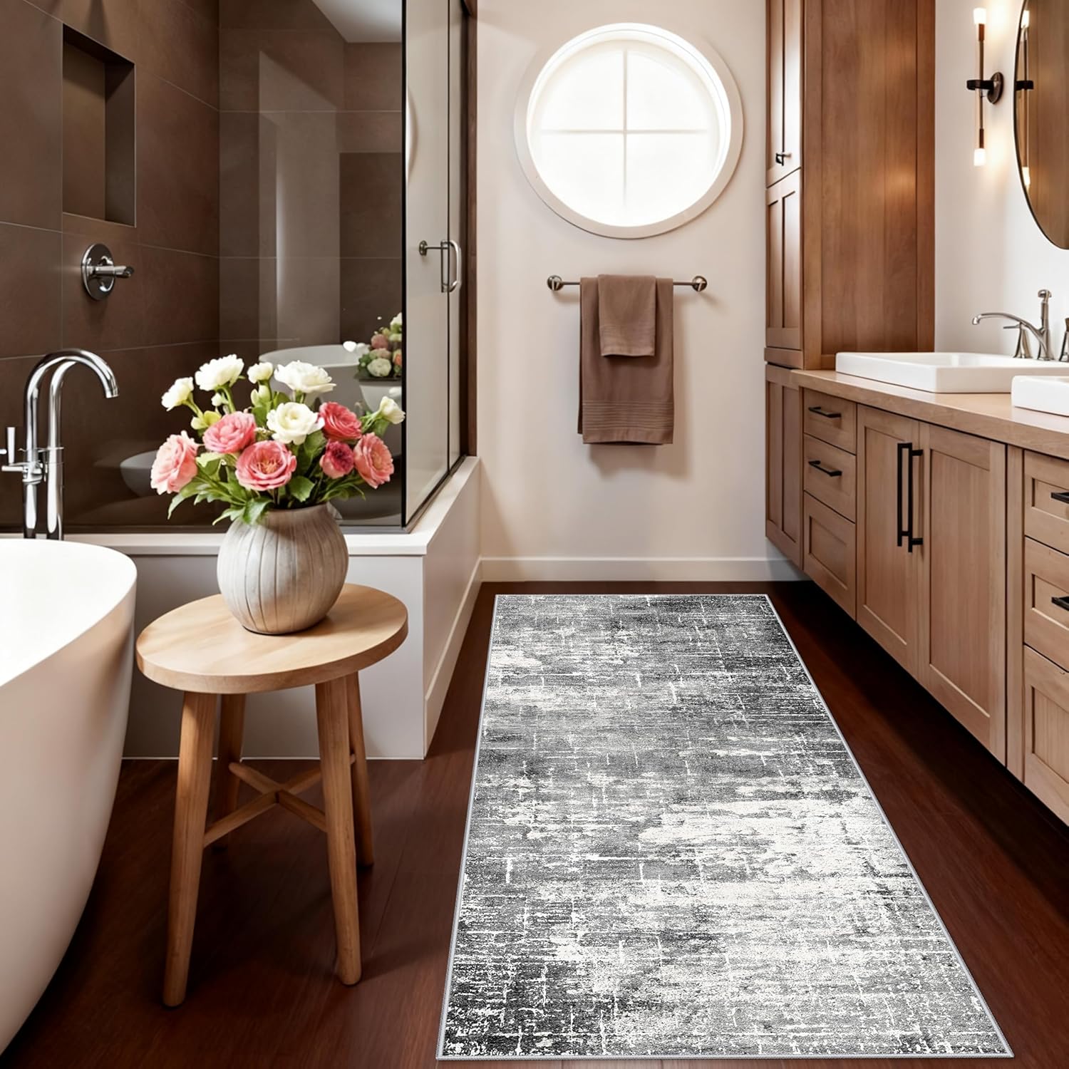 Skiennix Abstract Kitchen Runner Rug - Washable Non-Slip Low Pile Carpet | 2x6 Black/Grey for Modern Home Decor