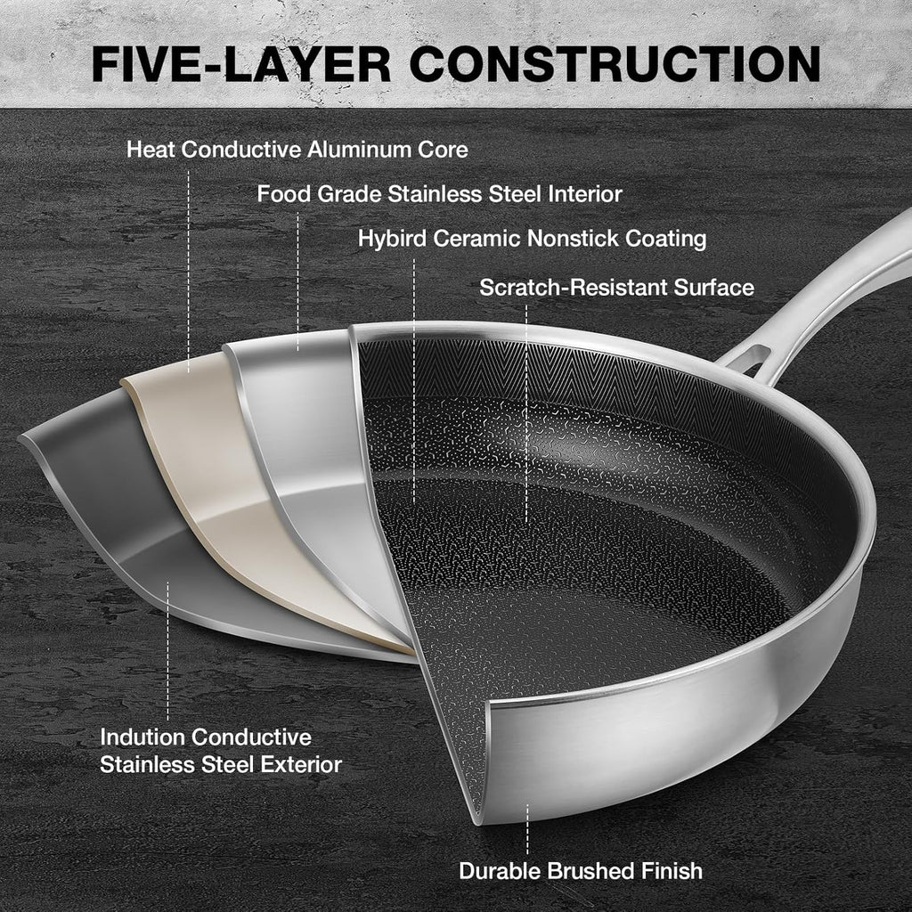 PekGema 10-Inch Hybrid Nonstick Frying Pan - 5-Ply Stainless Steel, PFAS-Free, Oven-Safe to 500°F