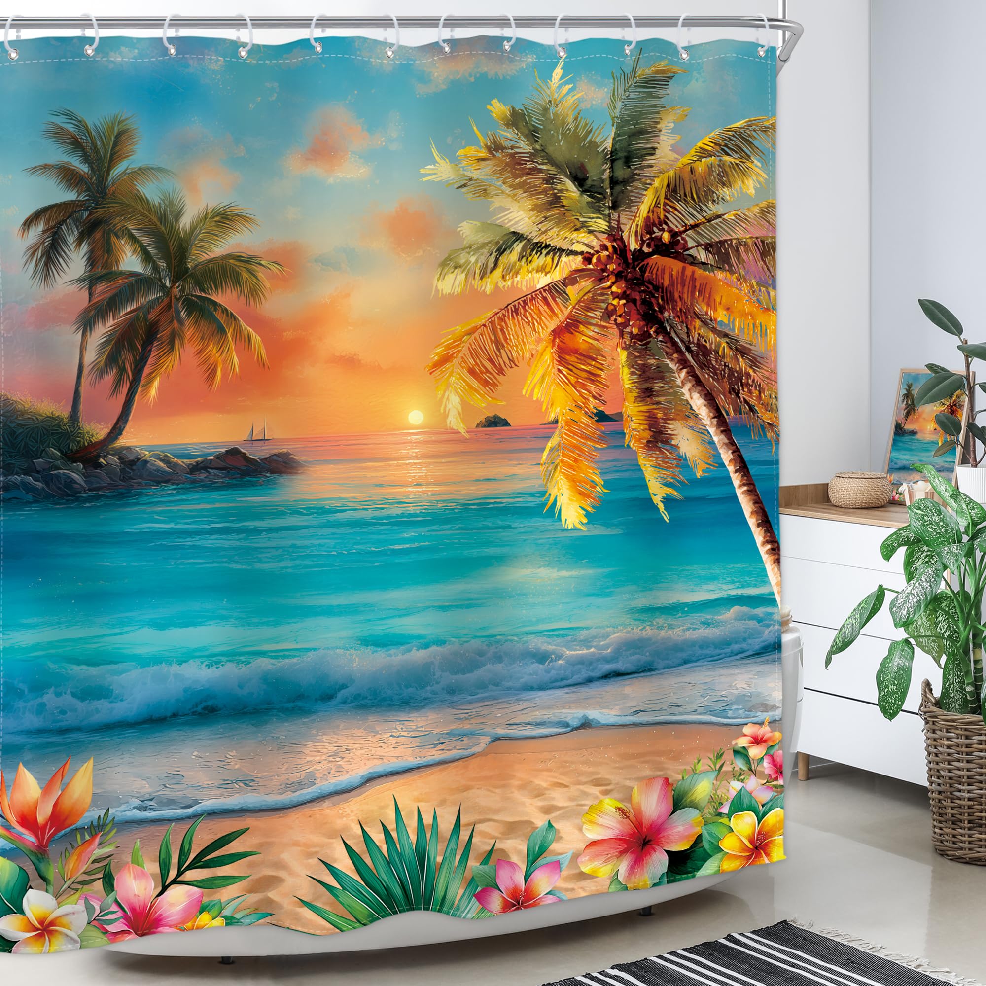 Homewelle Beach Ocean Shower Curtain Hawaii Seaside Sunset Coastal Tropical Palm Tree Flower Plant Landscape Summer Scenery Nature 60Wx72H Inch Sea Wave Waterproof Polyester Fabric Bathroom Bathtub
